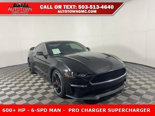 2019 Ford Mustang Bullitt Coupe RWD in Shadow Black, three-quarter view