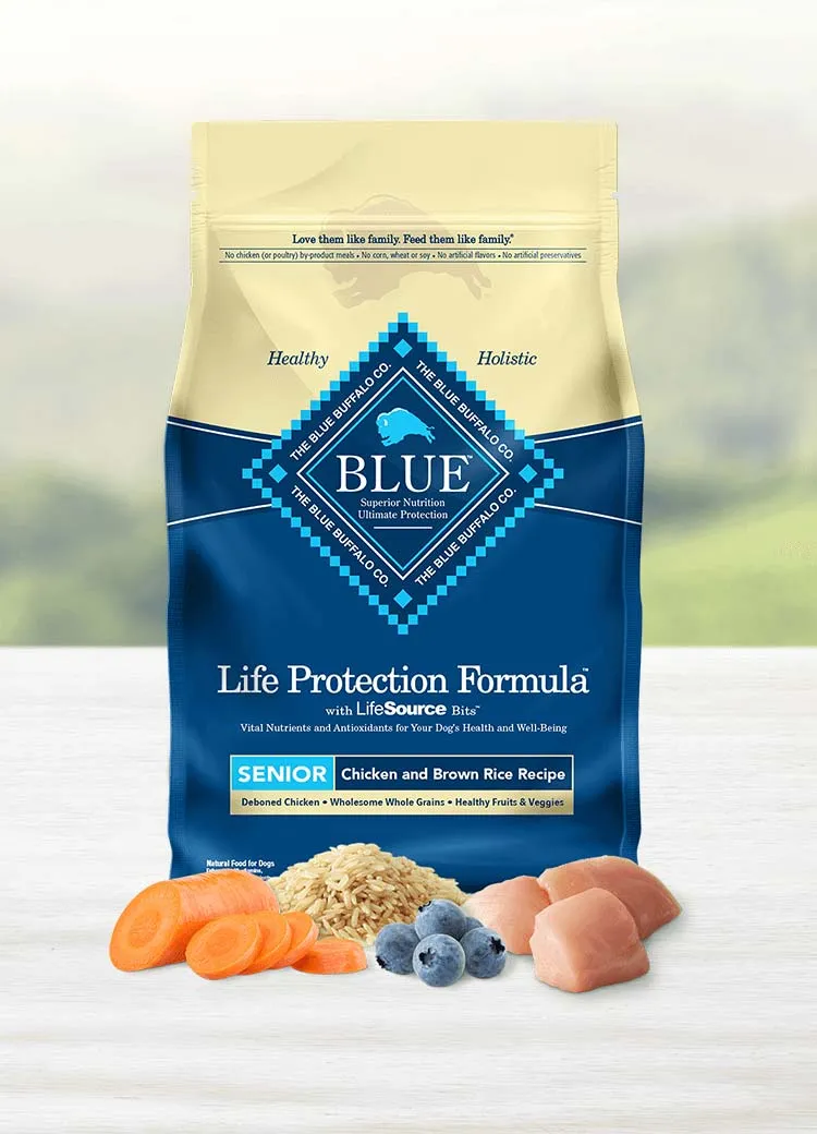 A bag of senior dog food with chicken and brown rice