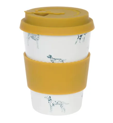 A bamboo travel mug for coffee on the go.