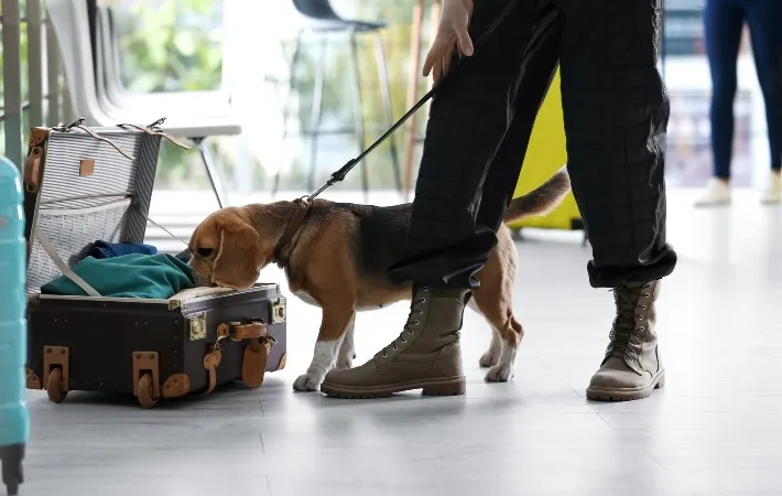 A Beagle police dog sniffing a suitcase, demonstrating its keen sense of smell for detection.
