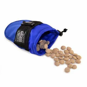A black treat pouch with a zipper pocket and a belt clip, essential trainer gear.