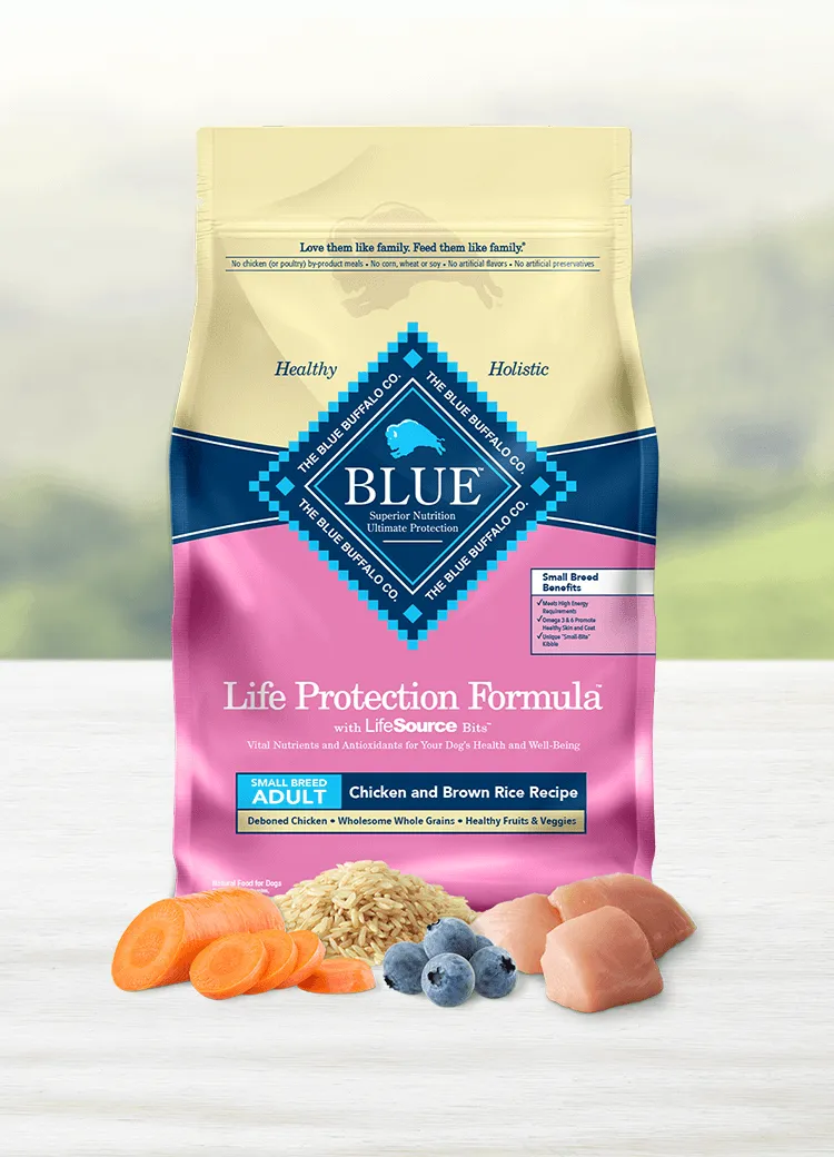 A bowl of Blue Buffalo Life Protection Formula dog food with chicken and brown rice.