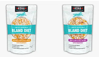 A bowl of KOHA bland diet dog food featuring chicken, white rice, and pumpkin