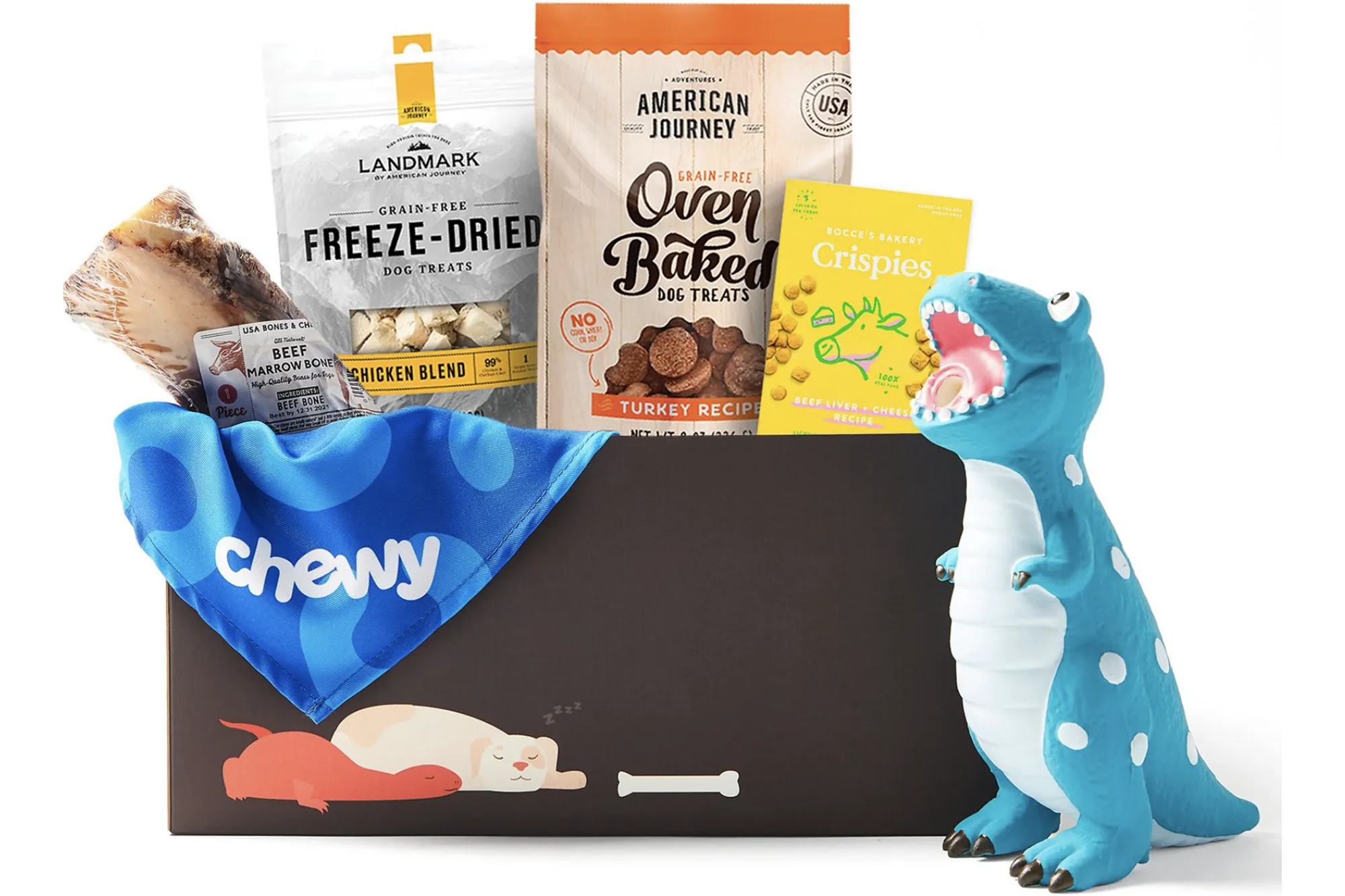 A box of dog toys and treats from Chewy