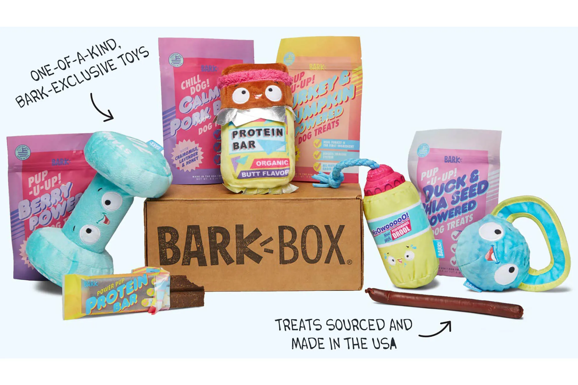 A brown box with BARK BOX on it and an assortment of chew toys and treats
