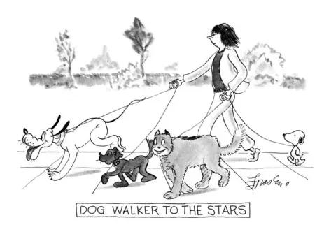 A cartoon depicting a dog walker with a leash, looking professional and friendly.