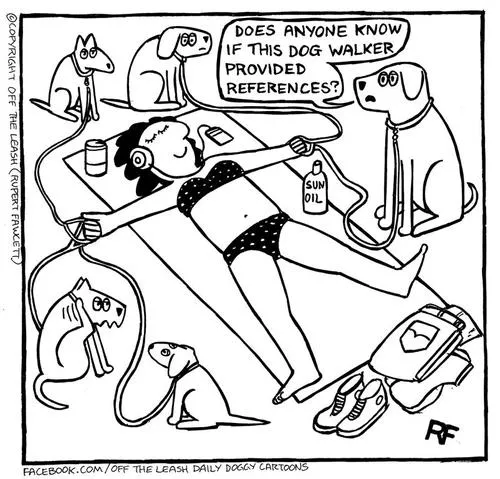 A cartoon depicting a dog walker with several dogs on leashes, navigating a busy street.