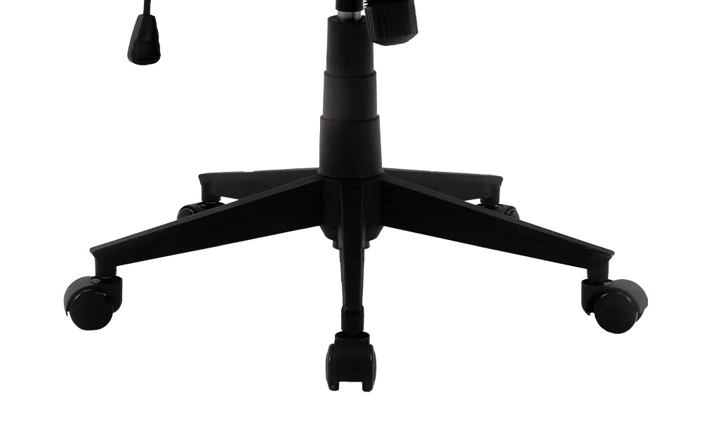 A close-up of the elevated nylon wheelbase, showcasing its sturdy design and even weight distribution for optimal stability.