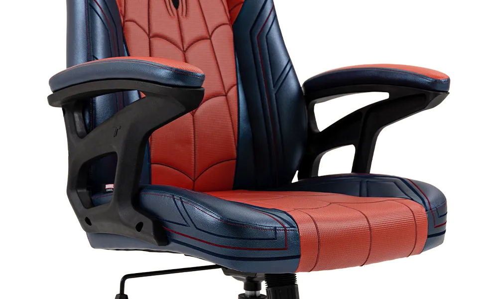 A close-up of the TTRacing Duo V4 Spider-Man Edition chair's armrest, demonstrating its durable construction and comfortable padding.