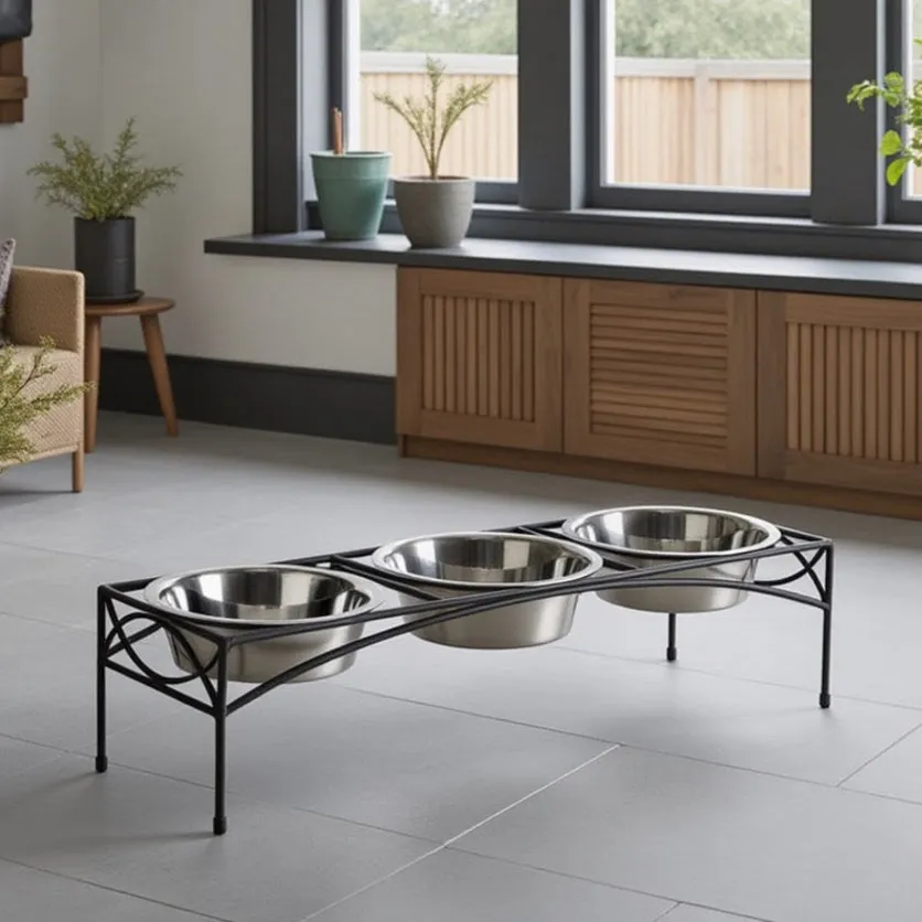 A close-up shot of a 3 bowl elevated dog feeder stand, highlighting the quality of the stainless steel bowls and the sturdy construction of the stand. The image emphasizes the clean and organized feeding setup.
