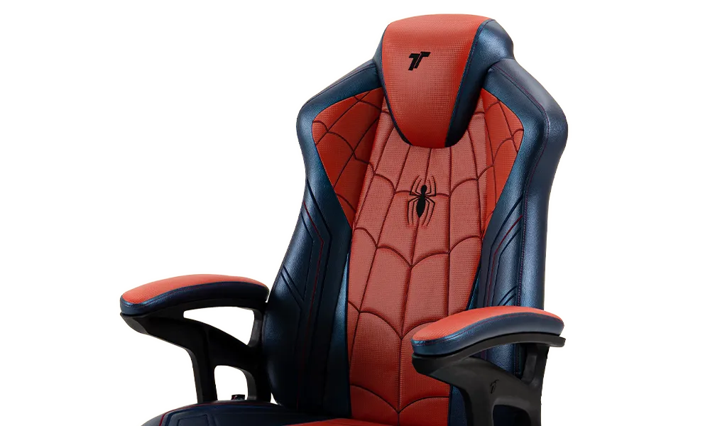 A close-up showcasing the chair's impeccable upholstery, highlighting the quality of the PU leather and attention to detail in replicating Spider-Man's suit.