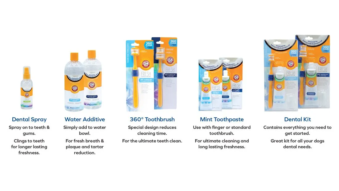 A collection of Arm &amp; Hammer dental care products for dogs, showcasing various packaging and options