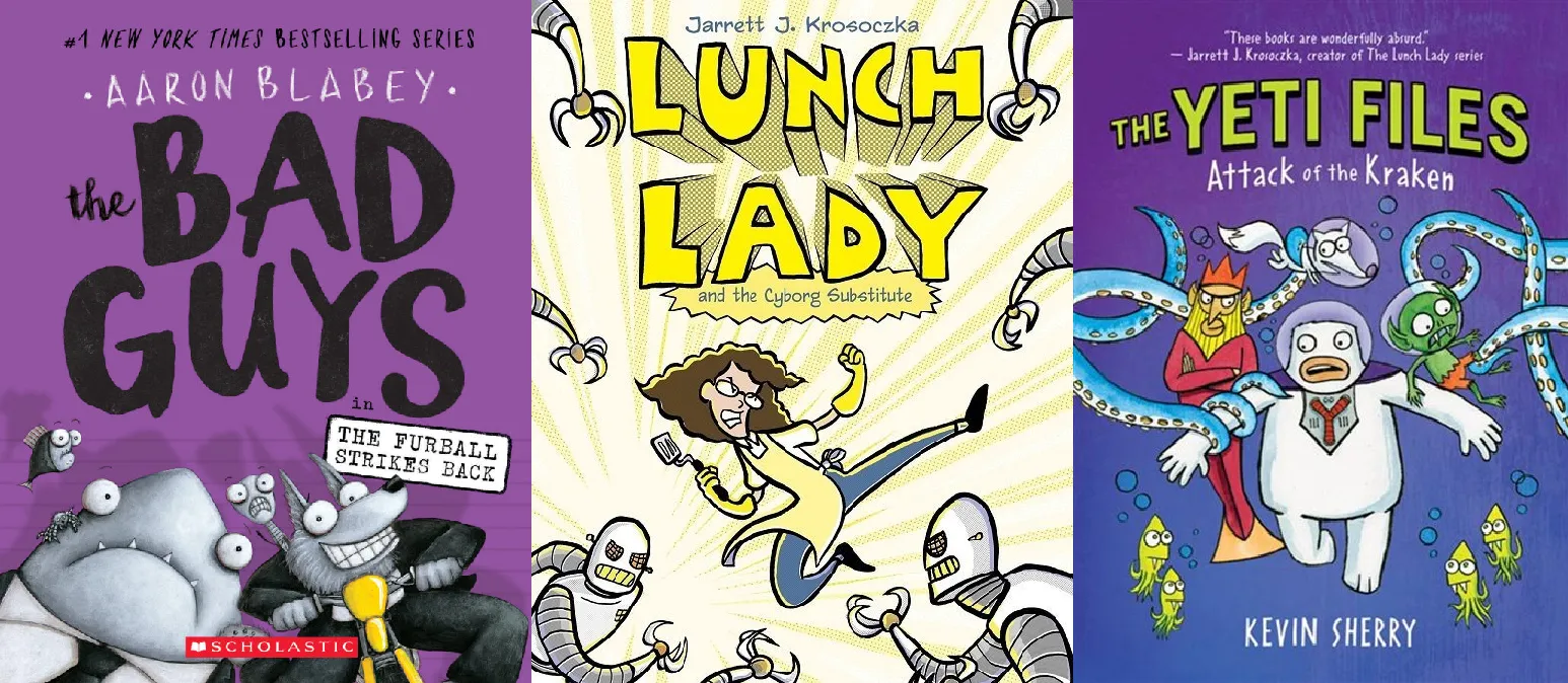 A collection of book covers with funny characters, illustrating humor-driven dog man books that you can read next.