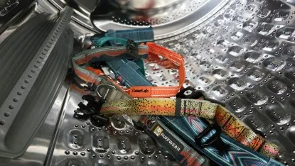 A collection of various dog collars, arranged for a wash cycle to test their ease of cleaning and odor resistance.