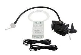 A compact mounting device with a black flexible tube and a battery pack in the center, flanked by two power cords.