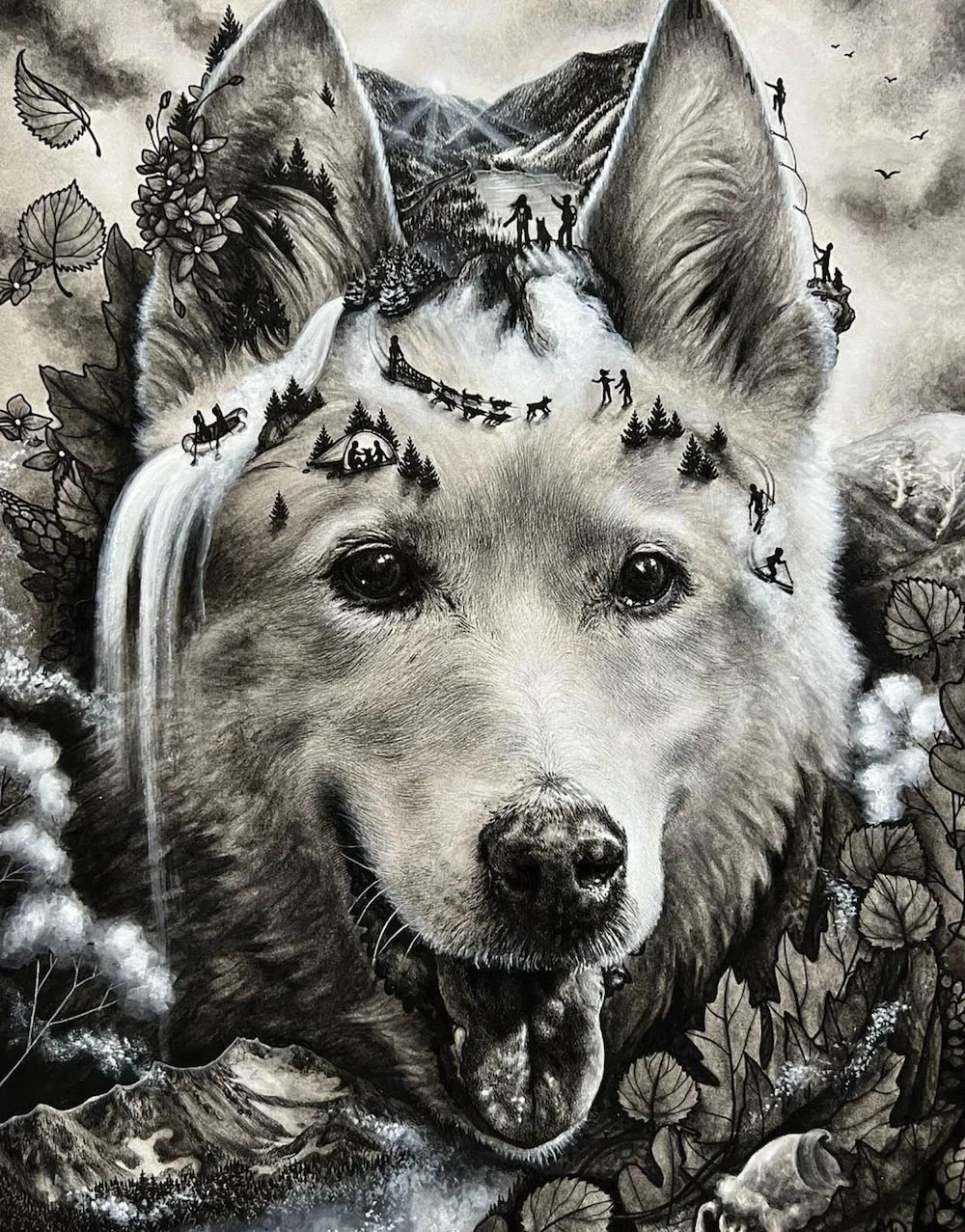 A custom pet memorial portrait artwork, illustrating shared experiences and special moments with a dog in a unique and personalized style