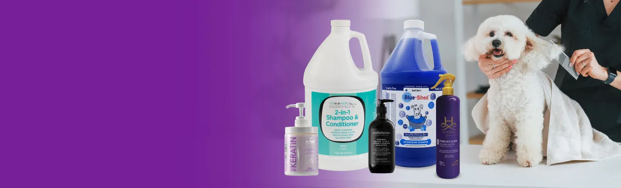 A diverse range of premium professional dog grooming supplies and equipment arranged on a clean, bright surface, showcasing various trusted brands and their products ready for wholesale purchase.