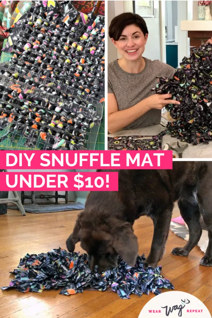 A DIY snuffle mat for dogs, crafted from colourful fabric strips woven through a base, illustrating a cost-effective way to provide mental stimulation.