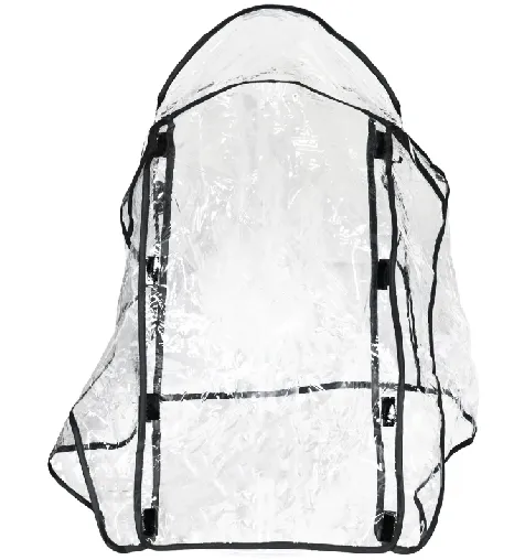 A dog happily sitting inside a dog stroller with a transparent rain cover on a rainy day in the UK