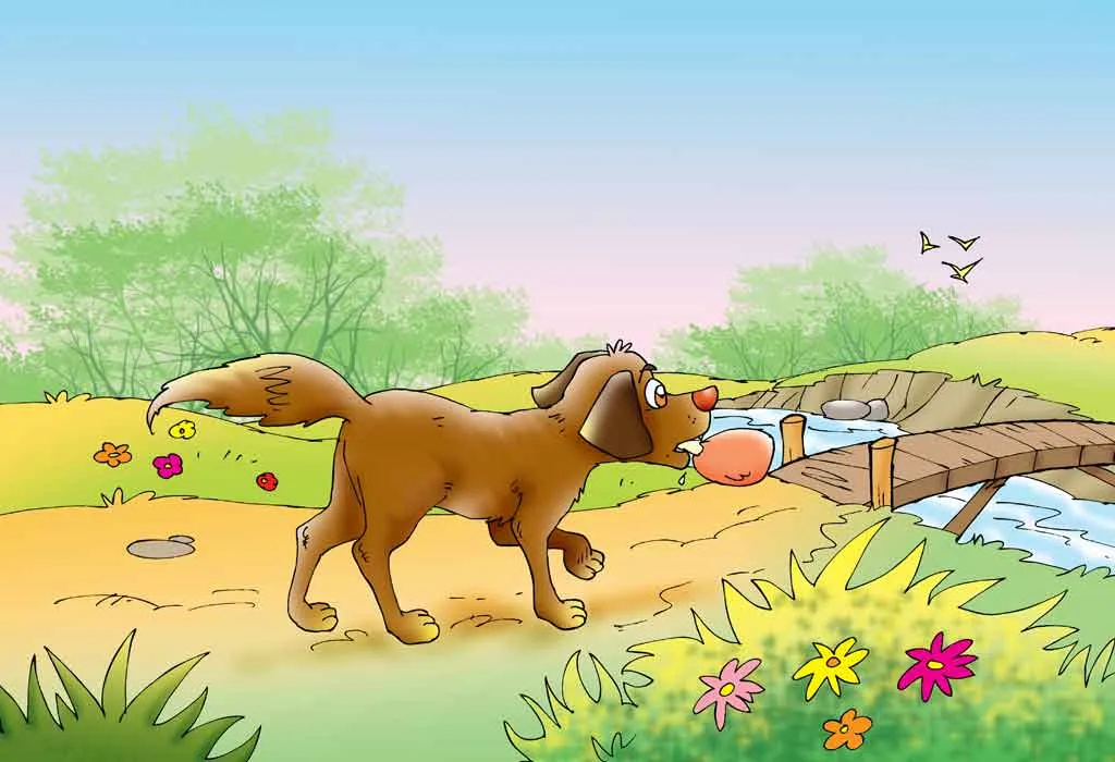 A dog looking at its reflection in water holding a bone