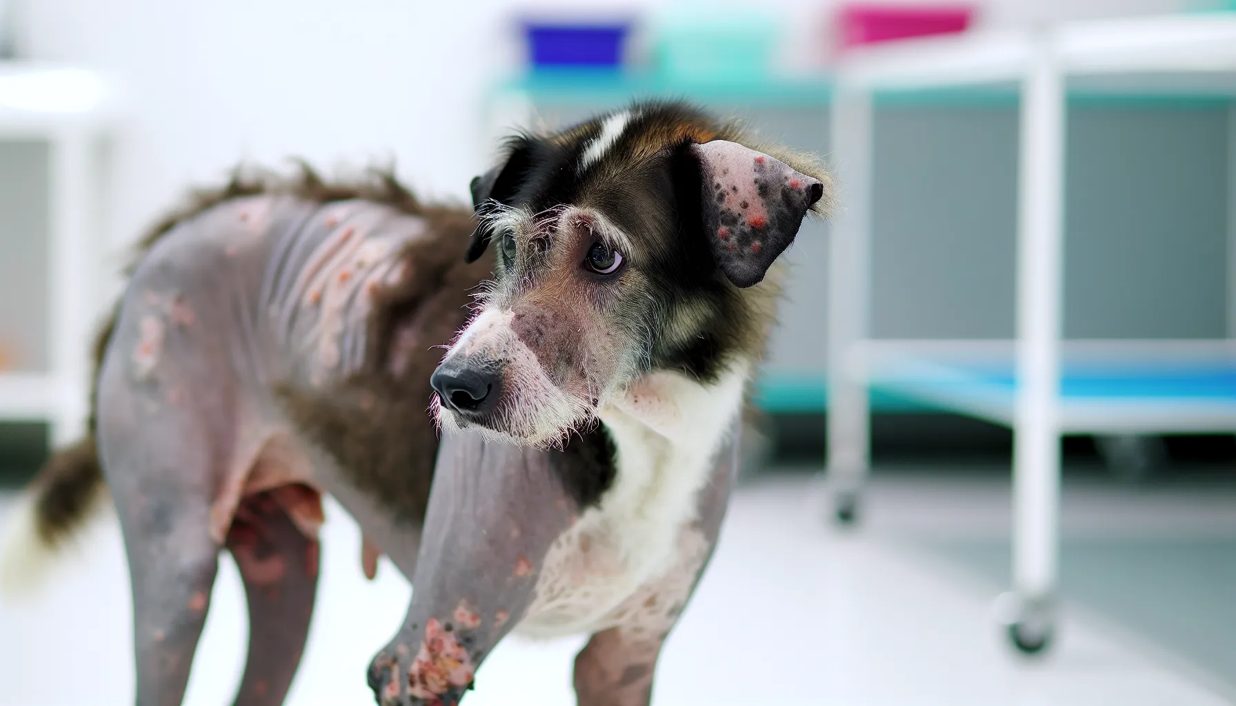 A dog with red, irritated skin and patches of hair loss, indicative of a mite infestation.