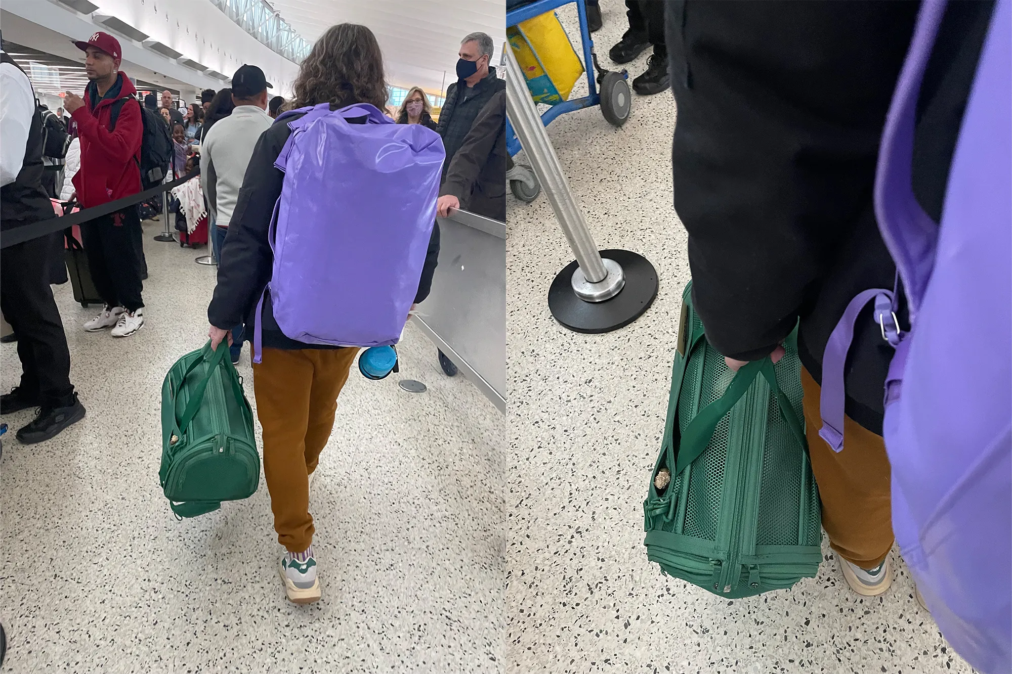 A durable Wild One dog travel carrier being held at an airport, emphasizing reliable accessories for safe canine journeys.