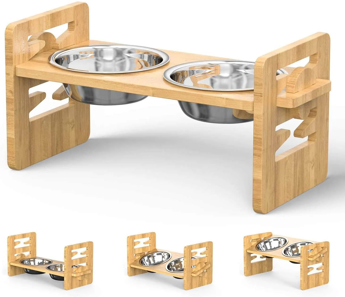 A flat-faced dog happily eating from a tilted elevated bowl.