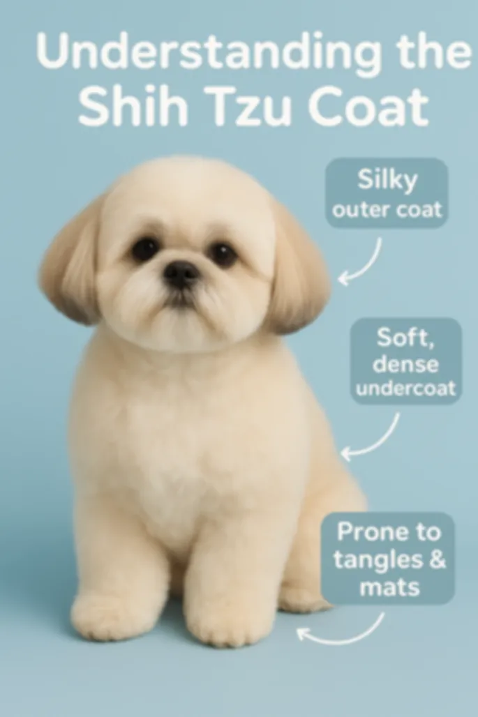 A fluffy Shih Tzu puppy on a blue background.
