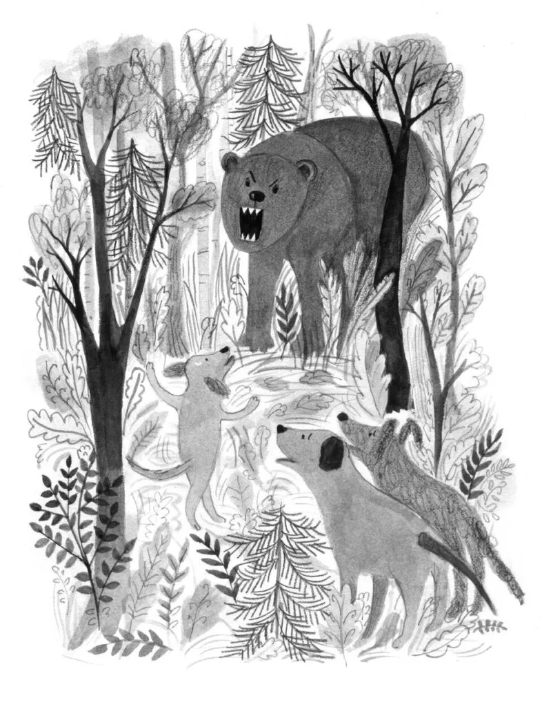 A heartwarming illustration of a mixed-breed dog with its puppies