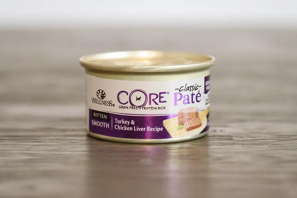 A kitten enjoying a meal of Wellness CORE Turkey & Chicken Liver Recipe Smooth Classic Pate
