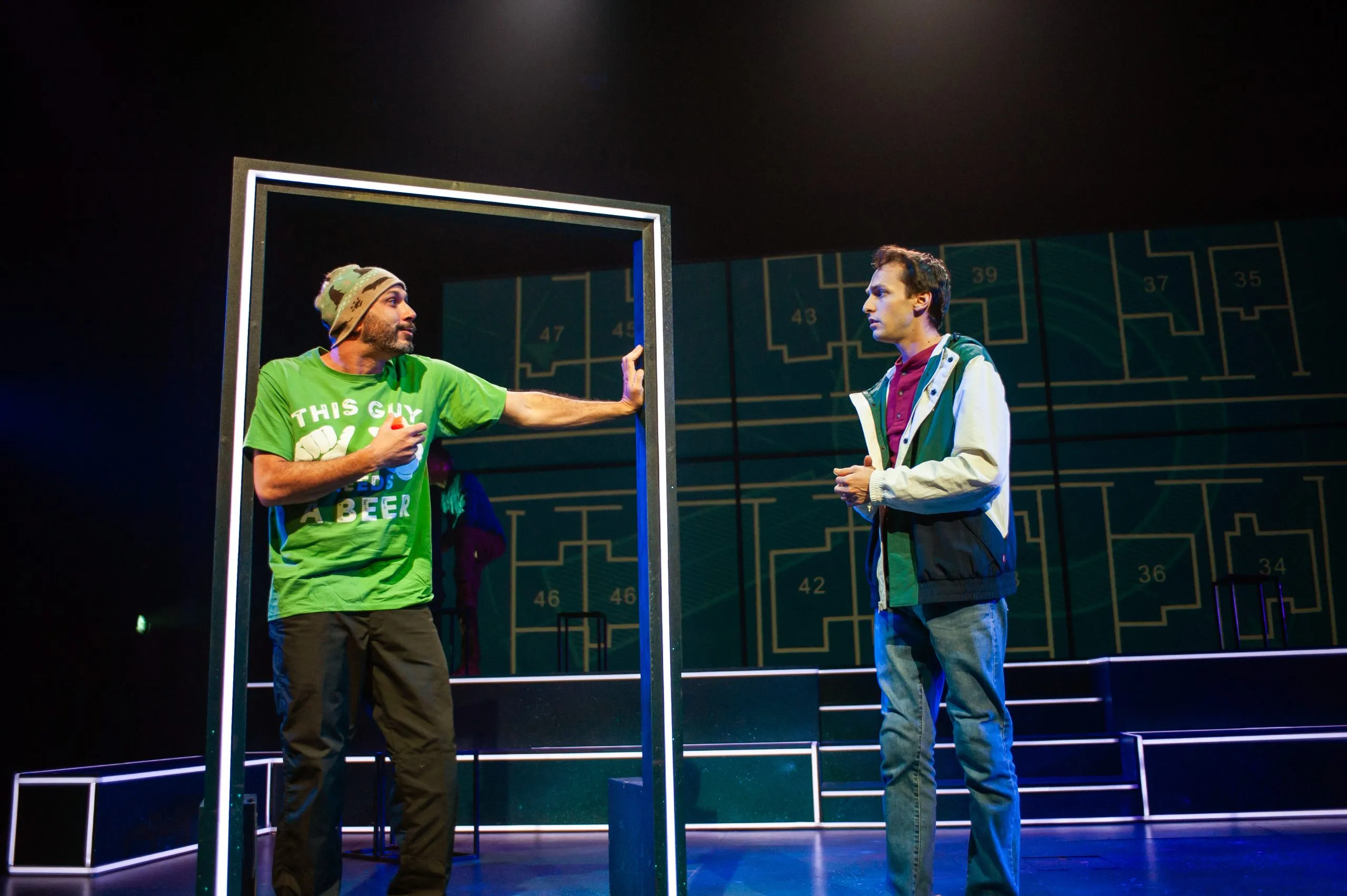 A neighbor (Wiley Naman Strasser) is interviewed by Christopher (Brendan Looney)