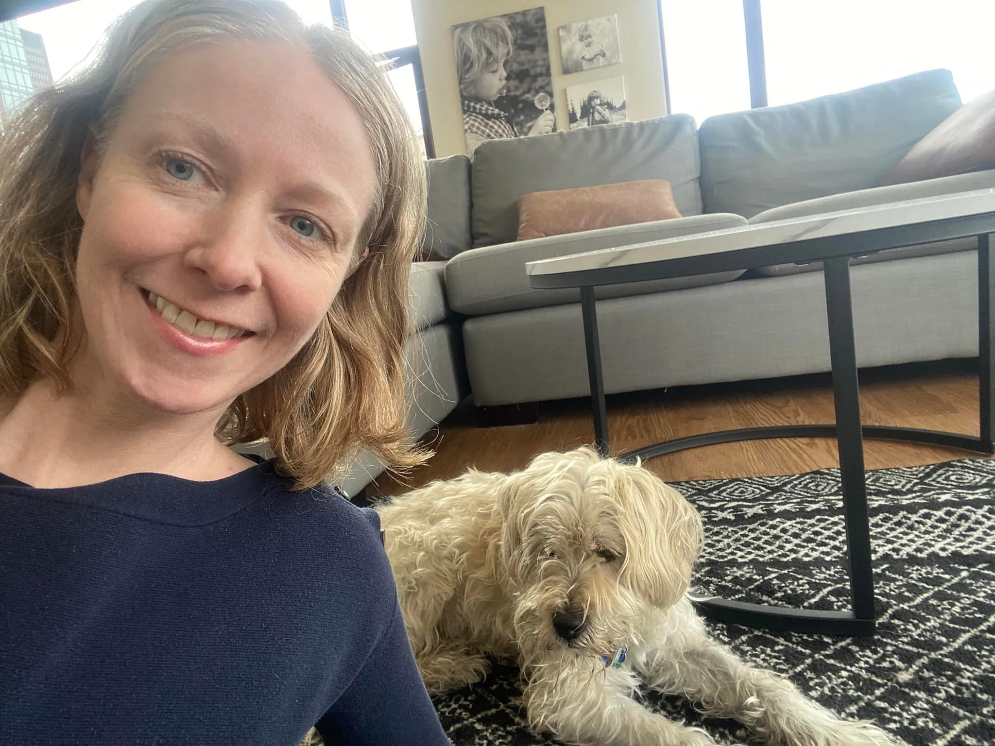 A pet owner and their dog, similar to the bond shared by characters in Walter the Farting Dog book