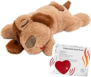 A plush puppy toy with a simulated heartbeat for anxiety relief
