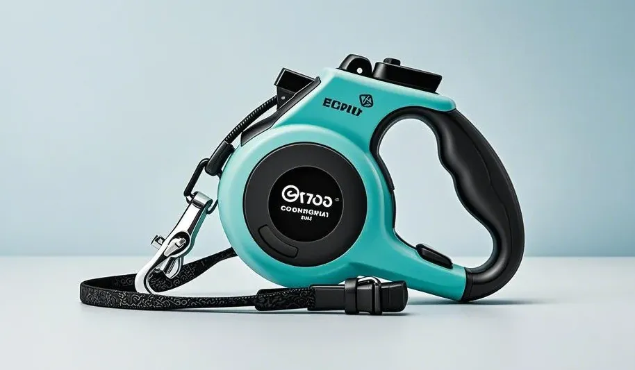 a retractable dog leash, showcasing its sturdy material, ergonomic handle, and locking mechanism.
