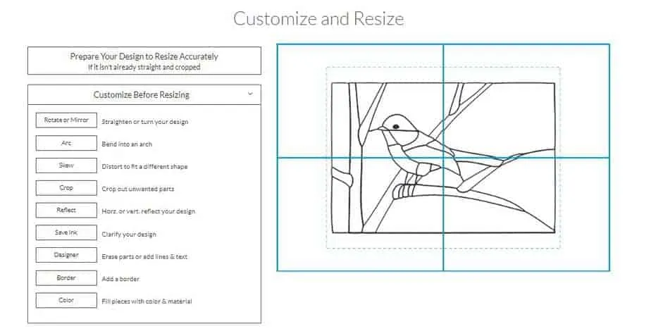 a screenshot showing the customise and resize tool
