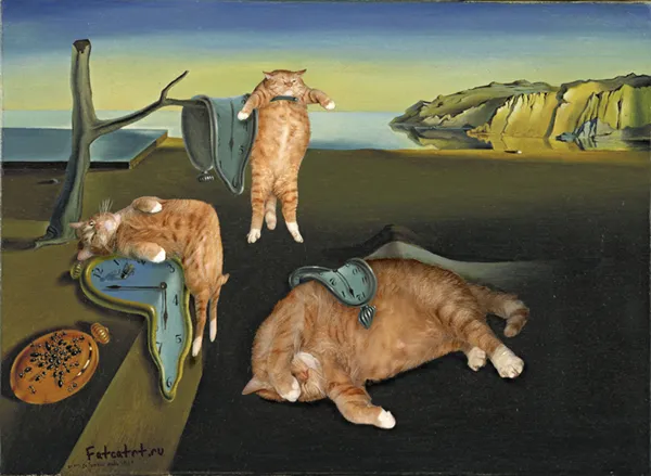 A serene dog contemplating the melting clocks, blending into a surreal landscape