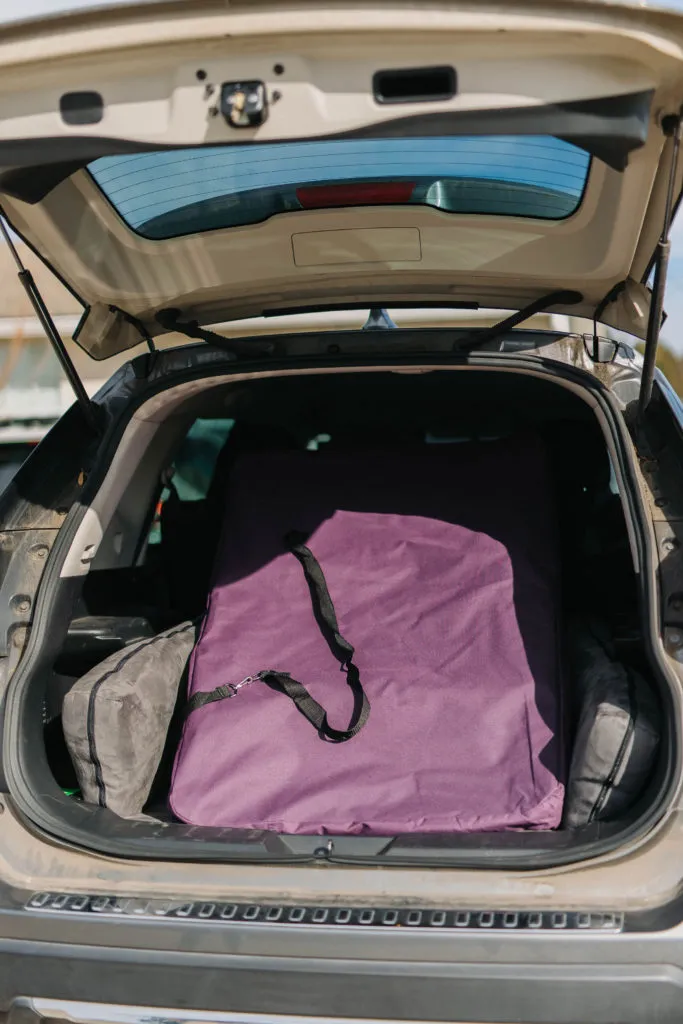 A sideways view of the EliteField soft-sided dog crate, demonstrating its versatility in vehicle transport.