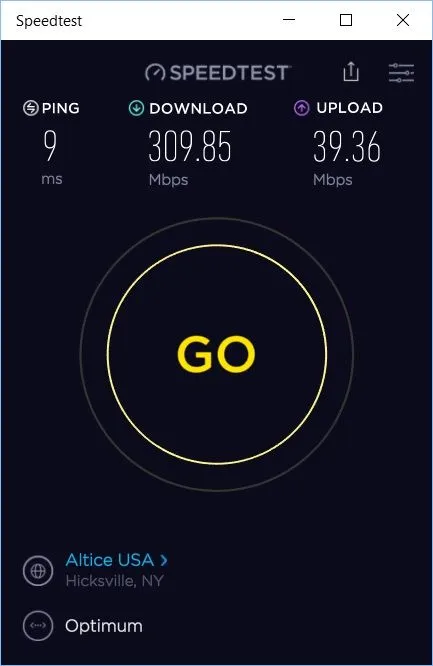 A speed test showing download and upload speeds, as well as ping.