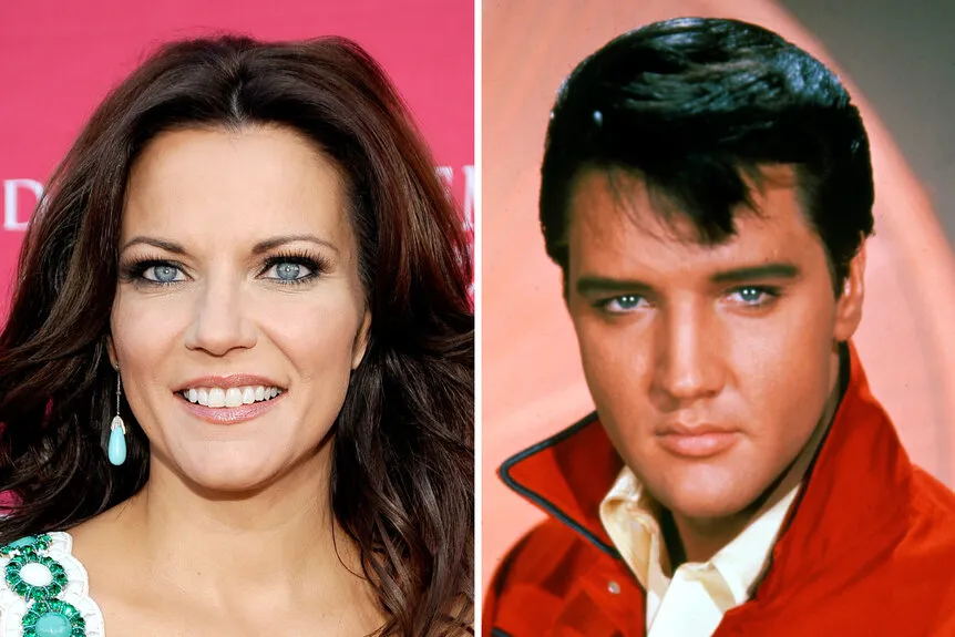A split image of Martina McBride and Elvis Presley performing "Blue Christmas"