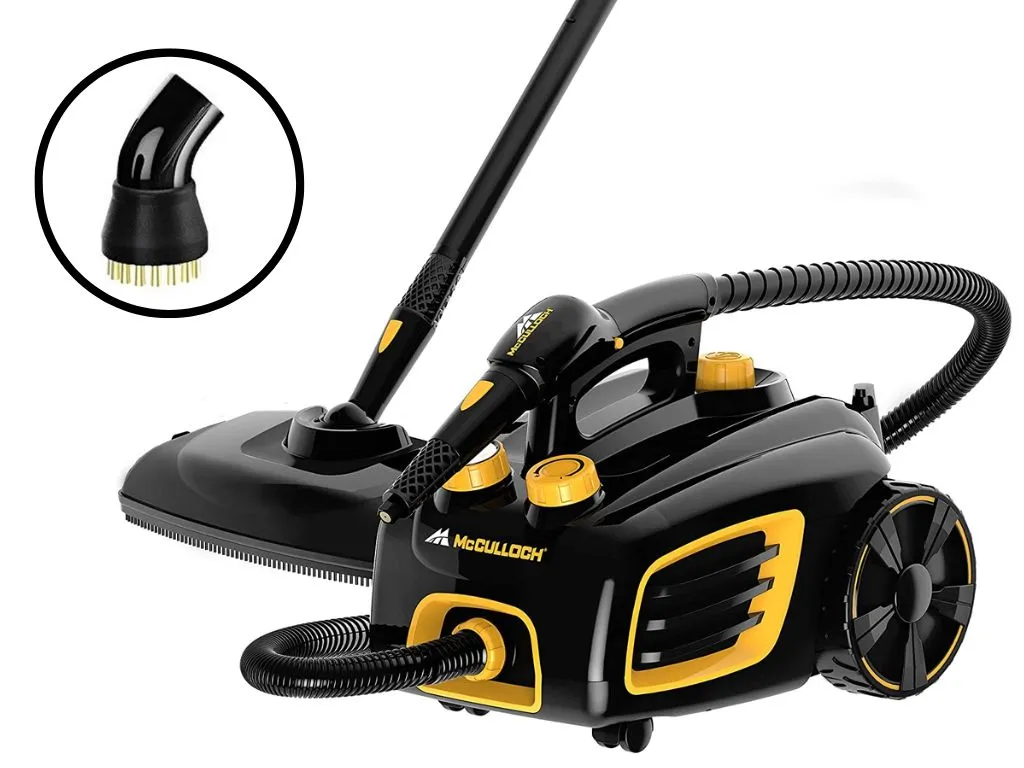 A steamer with a wire bristle attachment being used to remove dog hair from car carpet.