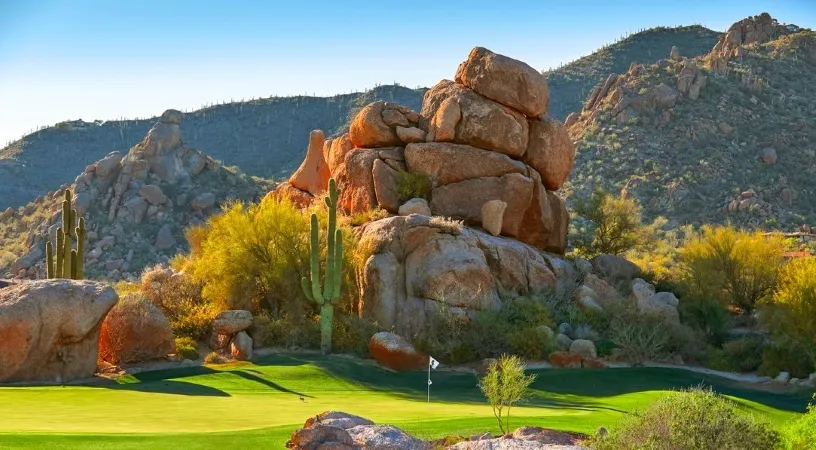 A unique rock formation, located behind one of the greens at Boulders Resort & Spa in Scottsdale, Arizona