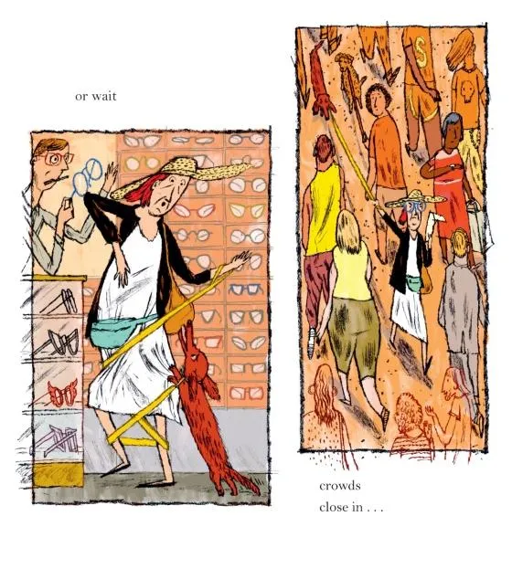A vibrant panel showing the hot dog character happily running on a sunny beach.