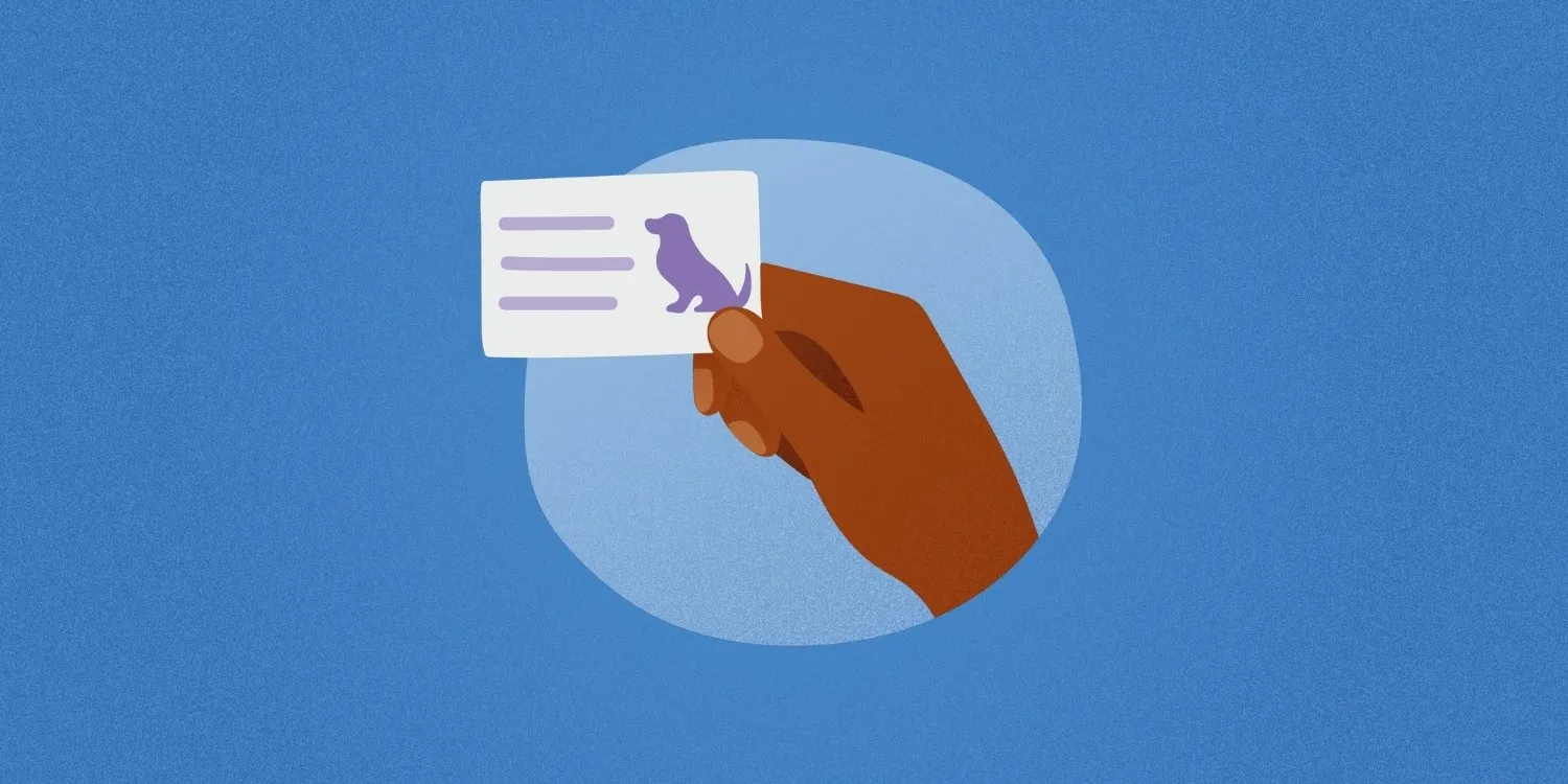 A visual representation of a dog walking business card with a dog silhouette and professional contact details.