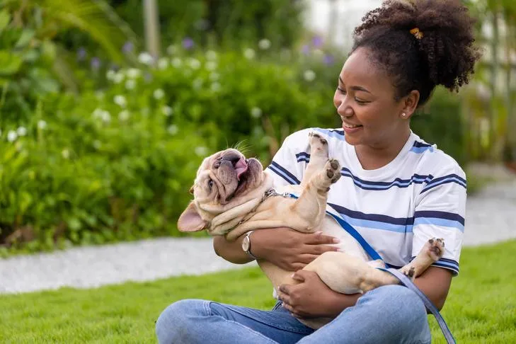 A young girl offering a chew toy to her puppy.