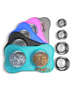 Active Pets stainless steel dog bowl set with a non-spill, mess-proof design and a skid-resistant silicone mat