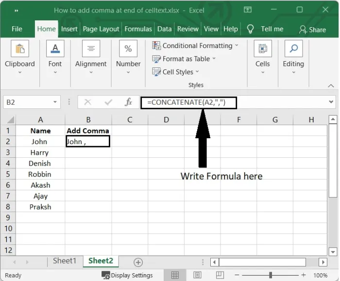 Adding comma using concatenate
