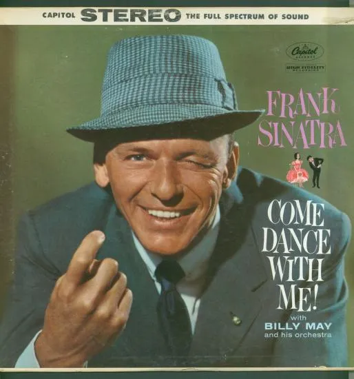 Album cover with color photo of Frank Sinatra winking and beckoning