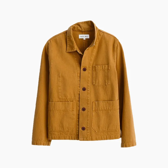 Alex Mill Britt Work Jacket in Recycled Denim, a chore jacket with pockets for treats and poop bags