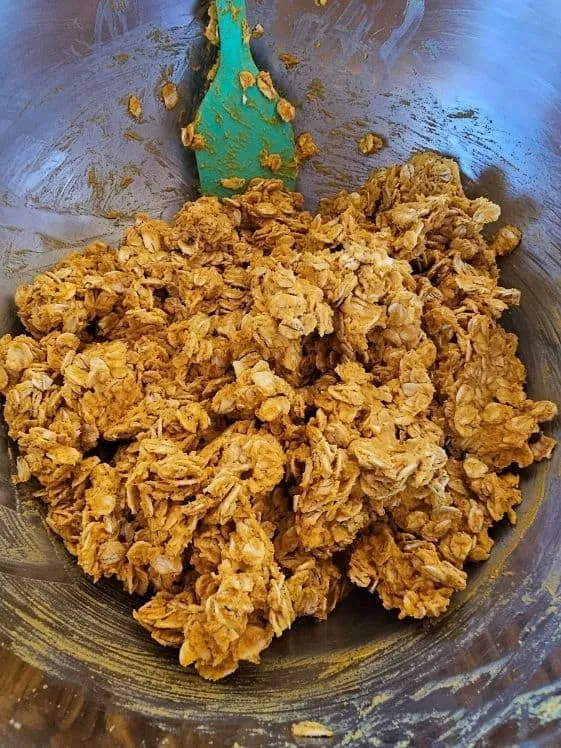 All three ingredients (pumpkin, peanut butter, oats) thoroughly mixed into a cohesive dough for shaping.