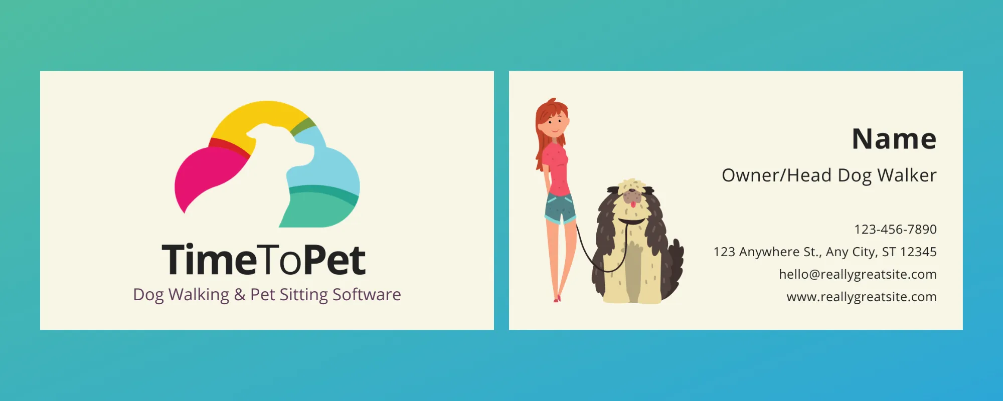 Another example of a dog walking business card, emphasizing a minimalist design with key details for easy reference.